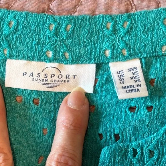 Susan Graver Passport Teal Eyelet Blouse XXS - Picture 6 of 10
